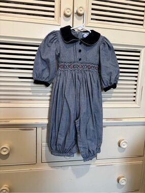 Plaid Smocked Bubble Romper with Black Velvet Collar by